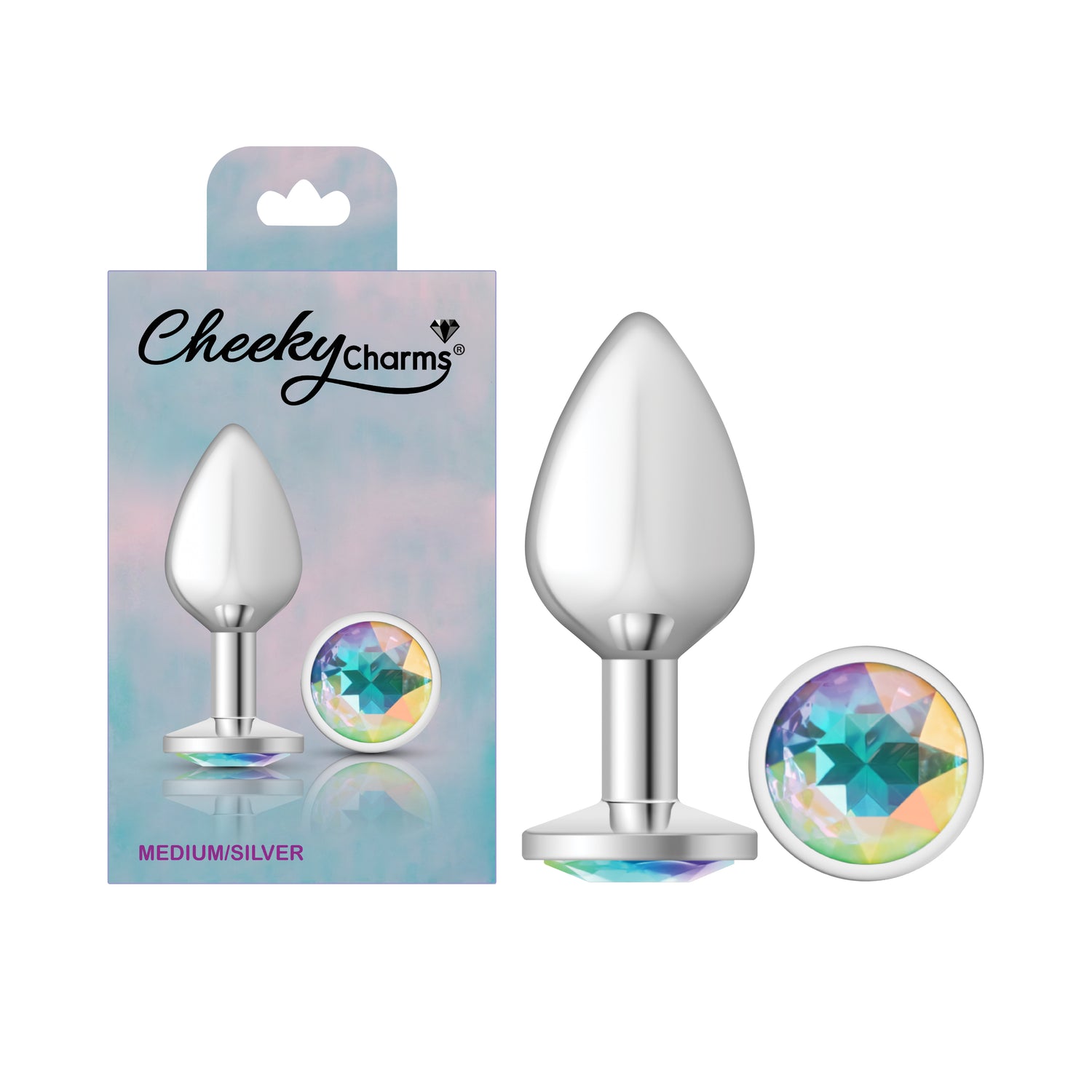 Clear Iridescent Round Gem Silver Metal Plug - Medium - Tester