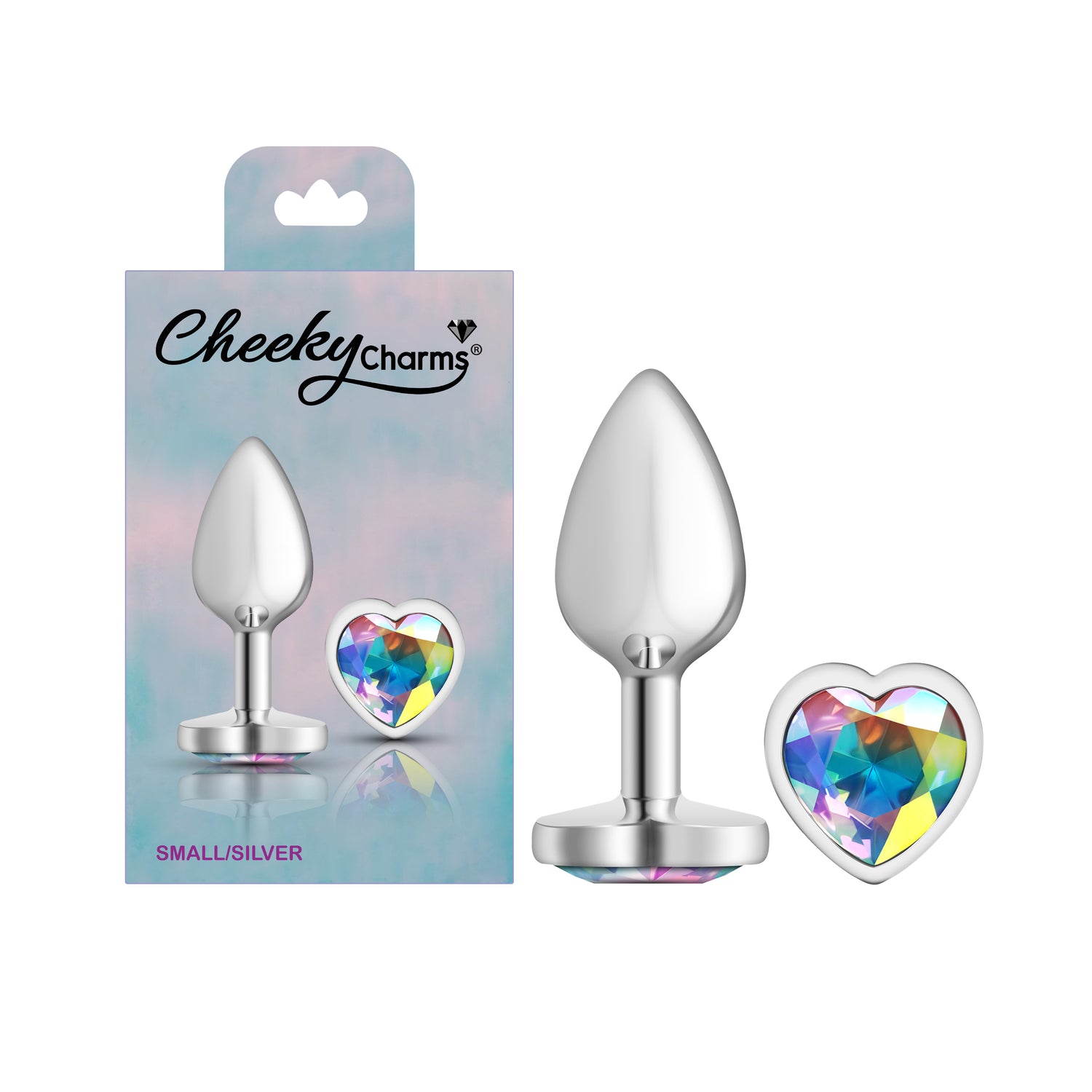 Clear Iridescent Heart Gem Silver Metal Plug - Small - Tester