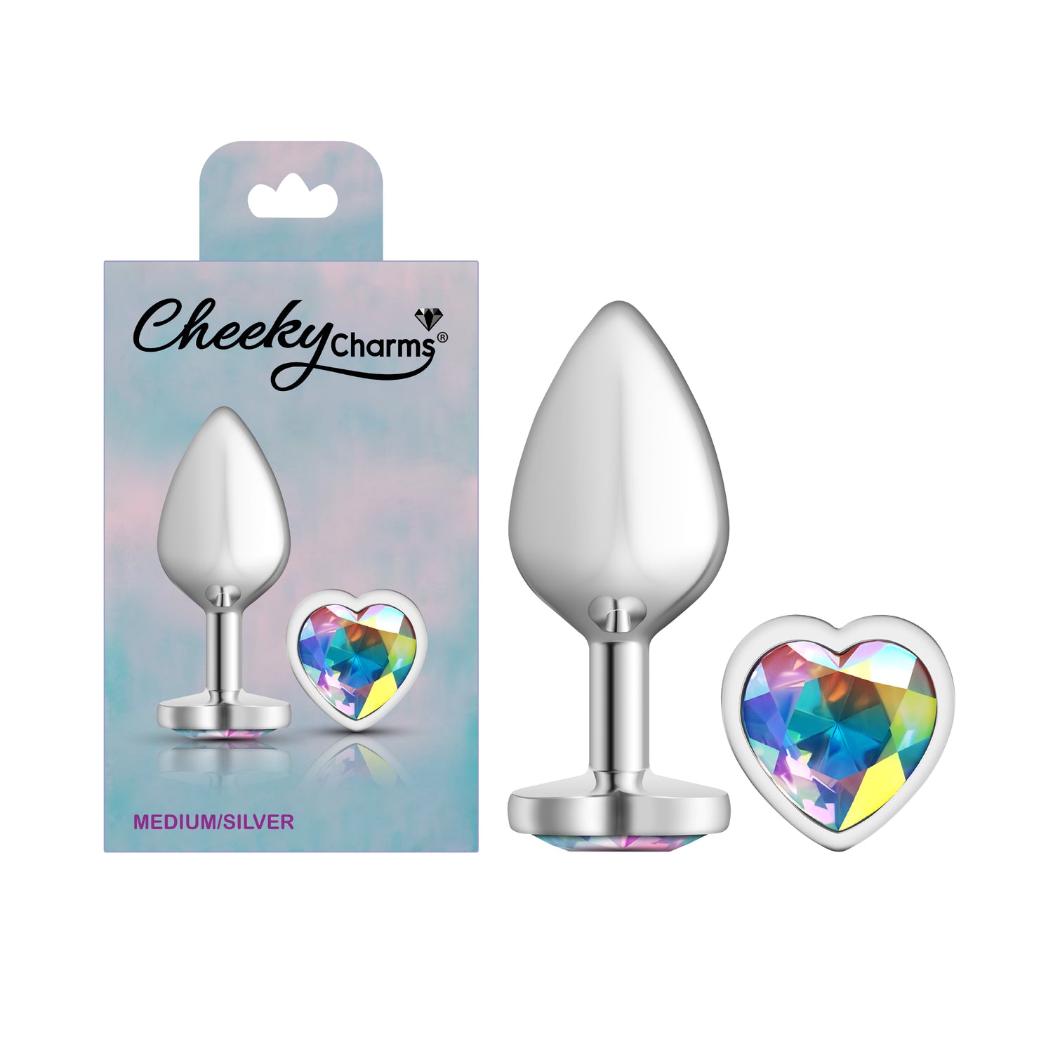 Clear Iridescent Heart Gem Silver Metal Plug - Medium - Tester