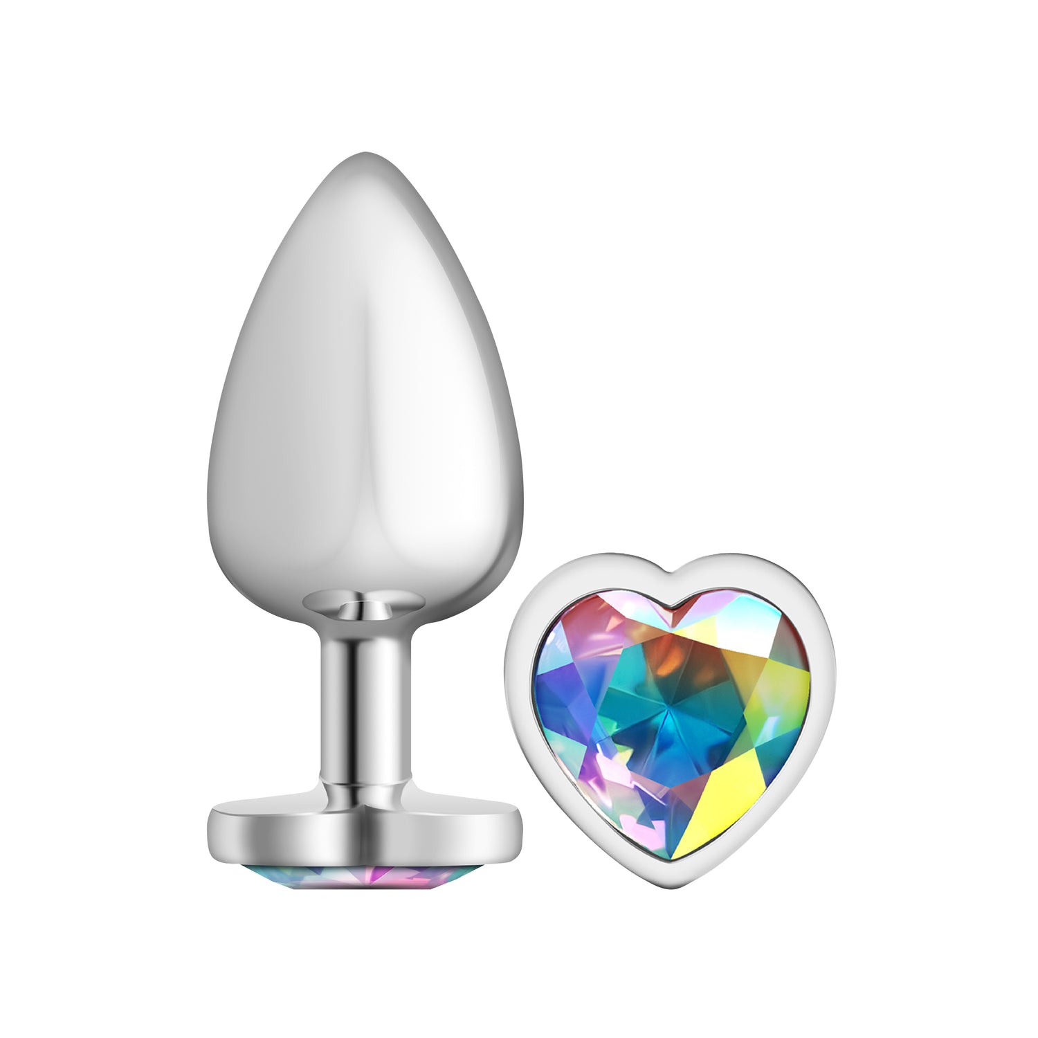 Clear Iridescent Heart Gem Silver Metal Plug - Large  - Tester