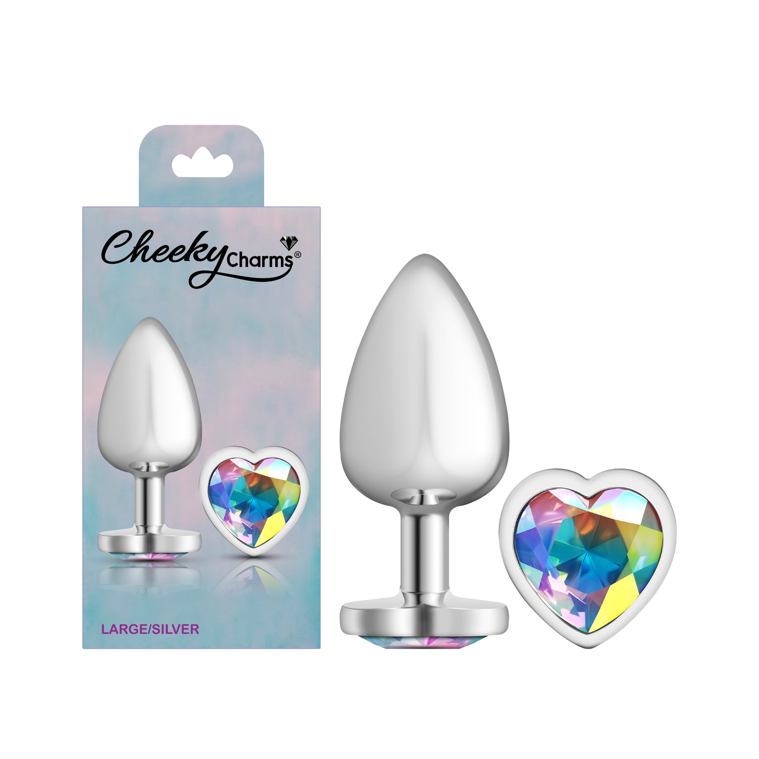 Clear Iridescent Heart Gem Silver Metal Plug - Large  - Tester