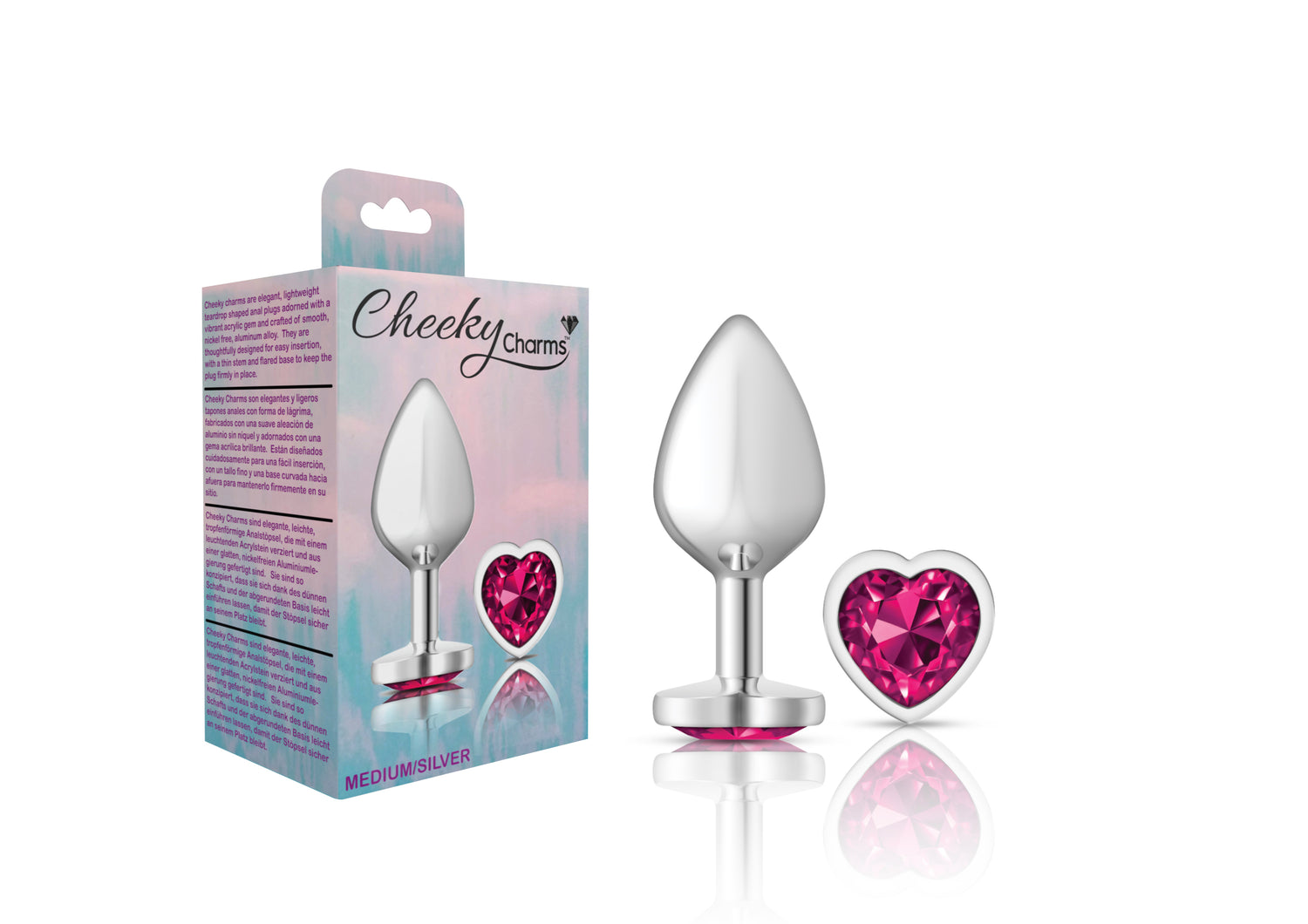 Bright Pink Heart Gem Silver Metal Plug - Medium - Tester